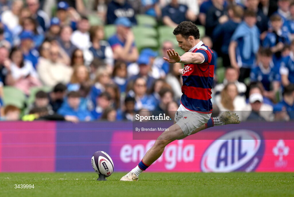 26 April 2026; Michael Moloney of Clontarf FC kicks a conversion during the Energia Men's All-Ireland League Division 1A final match between Clontarf FC and St Mary's College RFC at the Aviva Stadium in Dublin. Photo by Brendan Moran/Sportsfile