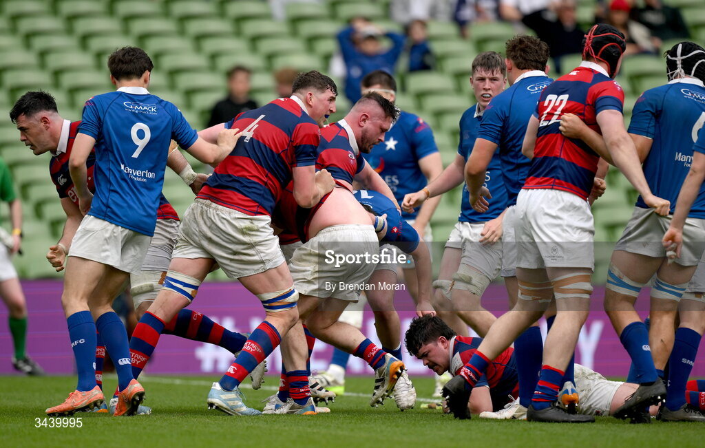 26 April 2026; Aaron Coleman of Clontarf FC scores a try during the Energia Men's All-Ireland League Division 1A final match between Clontarf FC and St Mary's College RFC at the Aviva Stadium in Dublin. Photo by Brendan Moran/Sportsfile