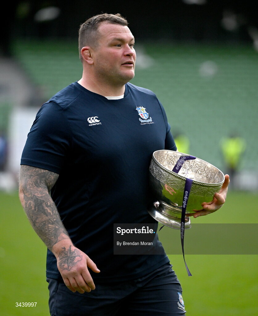 26 April 2026; St Mary's College RFC coach Jack McGrath with the trophy after the Energia Men's All-Ireland League Division 1A final match between Clontarf FC and St Mary's College RFC at the Aviva Stadium in Dublin. Photo by Brendan Moran/Sportsfile