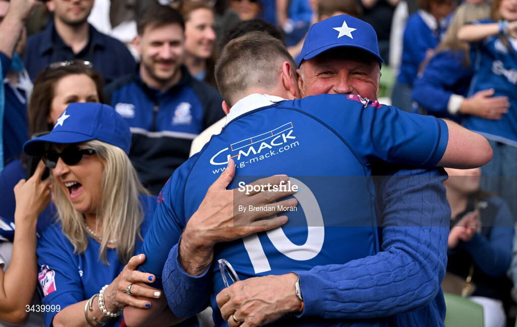 26 April 2026; Conor Dean of St Mary's College RFC is congratulated by his father Paul after the Energia Men's All-Ireland League Division 1A final match between Clontarf FC and St Mary's College RFC at the Aviva Stadium in Dublin. Photo by Brendan Moran/Sportsfile