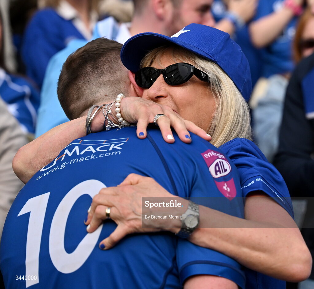26 April 2026; Conor Dean of St Mary's College RFC is congratulated by his mother Lorraine after the Energia Men's All-Ireland League Division 1A final match between Clontarf FC and St Mary's College RFC at the Aviva Stadium in Dublin. Photo by Brendan Moran/Sportsfile