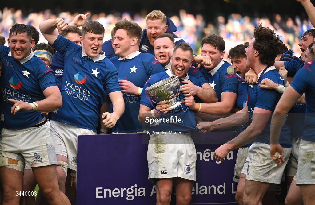 26 April 2026; St Mary's College RFC captain Conor Dean and teammates celebrate with the cup after the Energia Men's All-Ireland League Division 1A final match between Clontarf FC and St Mary's College RFC at the Aviva Stadium in Dublin. Photo by Brendan Moran/Sportsfile