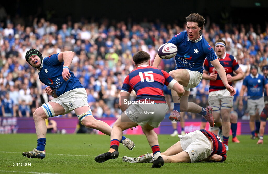 26 April 2026; Myles Carey of St Mary's College RFC beats the tackle of Sam Owens and Tadhg Bird of Clontarf FC during the Energia Men's All-Ireland League Division 1A final match between Clontarf FC and St Mary's College RFC at the Aviva Stadium in Dublin. Photo by Brendan Moran/Sportsfile