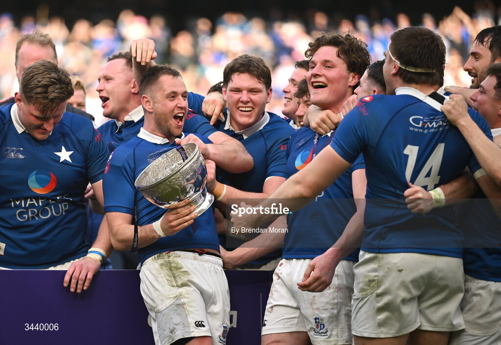 26 April 2026; St Mary's College RFC captain Conor Dean and teammates celebrate with the cup after the Energia Men's All-Ireland League Division 1A final match between Clontarf FC and St Mary's College RFC at the Aviva Stadium in Dublin. Photo by Brendan Moran/Sportsfile
