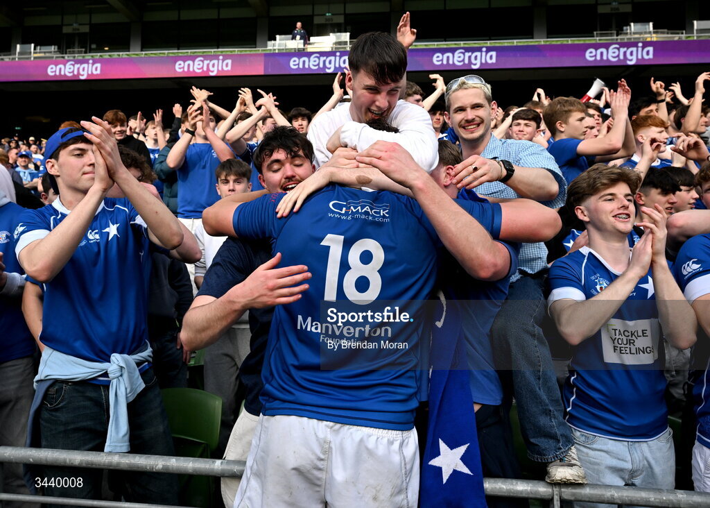 26 April 2026; Andrew Sparrow of St Mary's College RFC celebrates with friends after the Energia Men's All-Ireland League Division 1A final match between Clontarf FC and St Mary's College RFC at the Aviva Stadium in Dublin. Photo by Brendan Moran/Sportsfile