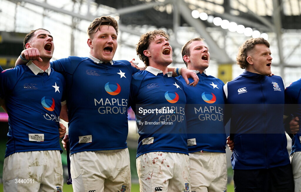 26 April 2026; St Mary's players, from left, Ruairi Shields, Mick McCormack, Myles Carey. Conor Pierce and Oisín Kearney celebrate after the Energia Men's All-Ireland League Division 1A final match between Clontarf FC and St Mary's College RFC at the Aviva Stadium in Dublin. Photo by Brendan Moran/Sportsfile