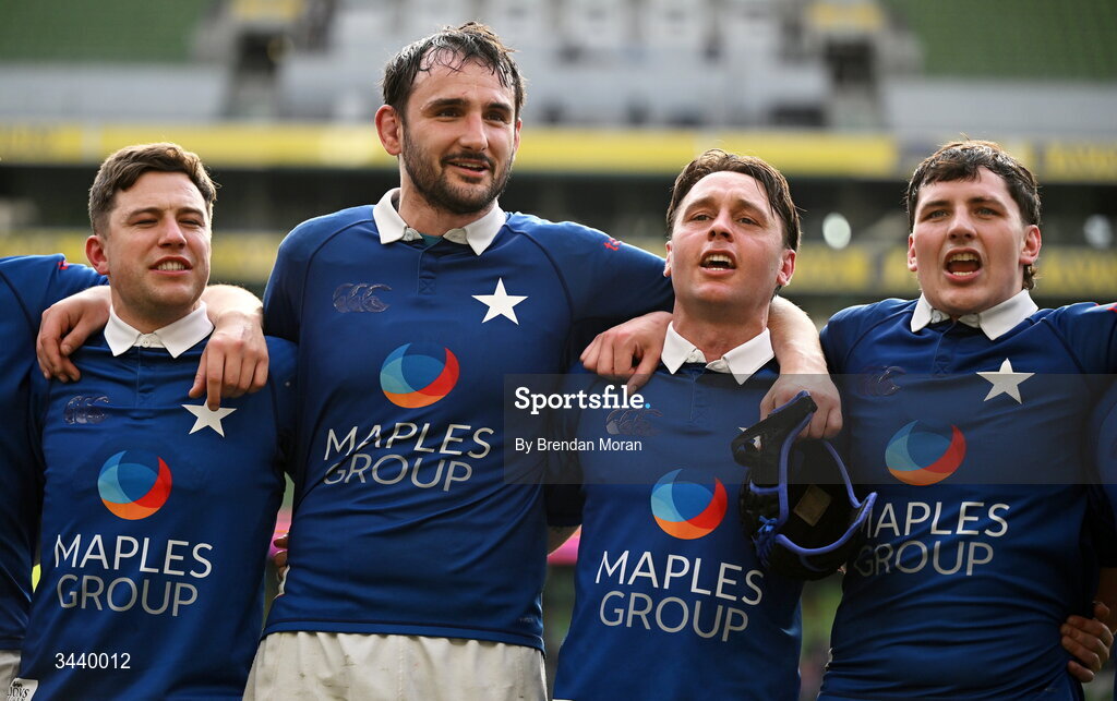 26 April 2026; St Mary's players, from left, Stevie Killgallen, Greg Jones, Mark Fogarty and Richie Bergin celebrate after the Energia Men's All-Ireland League Division 1A final match between Clontarf FC and St Mary's College RFC at the Aviva Stadium in Dublin. Photo by Brendan Moran/Sportsfile