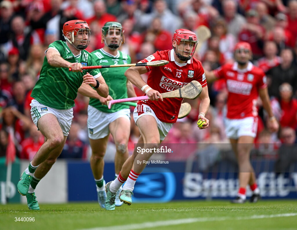26 April 2026; Alan Connolly of Cork is tackled by Barry Nash of Limerick on his way to score a goal during the Munster GAA Senior Hurling Championship Round 2 match between Cork and Limerick at SuperValu Páirc Uí Chaoimh in Cork. Photo by Ray McManus/Sportsfile