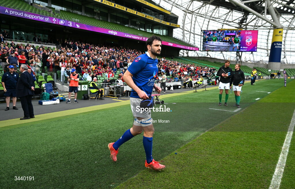 26 April 2026; Greg Jones of St Mary's College RFC runs onto the pitch before the Energia Men's All-Ireland League Division 1A final match between Clontarf FC and St Mary's College RFC at the Aviva Stadium in Dublin. Photo by Brendan Moran/Sportsfile