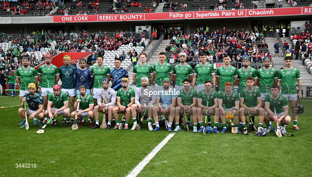 26 April 2026; The Limerick panel before the Munster GAA Senior Hurling Championship Round 2 match between Cork and Limerick at SuperValu Páirc Uí Chaoimh in Cork. Photo by Seb Daly/Sportsfile