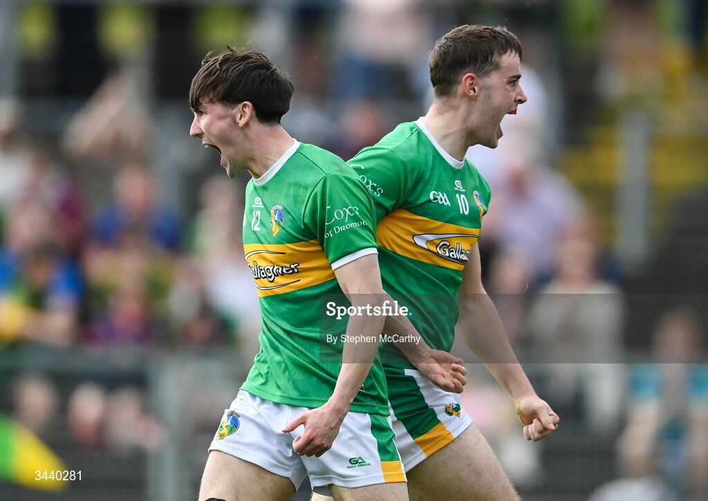 25 April 2026; Tom Prior, left, and Fergal McLoughlin of Leitrim celebrate after their side were awarded a penalty during the Connacht GAA Football Senior Championship semi-final match between Leitrim and Galway at Heartland Credit Union Páirc Seán Mac Diarmada in Carrick-on-Shannon, Leitrim. Photo by Stephen McCarthy/Sportsfile