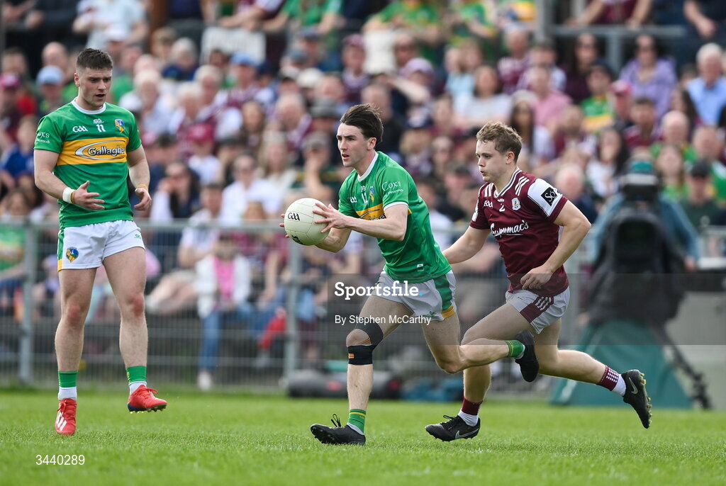 25 April 2026; Tom Prior of Leitrim and Johnny McGrath of Galway during the Connacht GAA Football Senior Championship semi-final match between Leitrim and Galway at Heartland Credit Union Páirc Seán Mac Diarmada in Carrick-on-Shannon, Leitrim. Photo by Stephen McCarthy/Sportsfile
