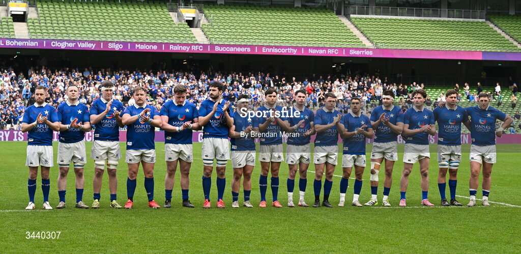 26 April 2026; The St Mary's College RFC team during a minute's applause before the Energia Men's All-Ireland League Division 1A final match between Clontarf FC and St Mary's College RFC at the Aviva Stadium in Dublin. Photo by Brendan Moran/Sportsfile