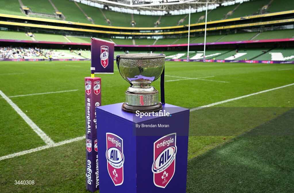 26 April 2026; A general view of the Energia Men's AIL Division 1 trophy before the Energia Men's All-Ireland League Division 1A final match between Clontarf FC and St Mary's College RFC at the Aviva Stadium in Dublin. Photo by Brendan Moran/Sportsfile