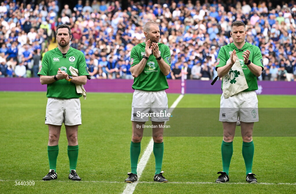 26 April 2026; Referee Daniel Carson with assistant referees Stuart Douglas and Oisin Quinn before the Energia Men's All-Ireland League Division 1A final match between Clontarf FC and St Mary's College RFC at the Aviva Stadium in Dublin. Photo by Brendan Moran/Sportsfile