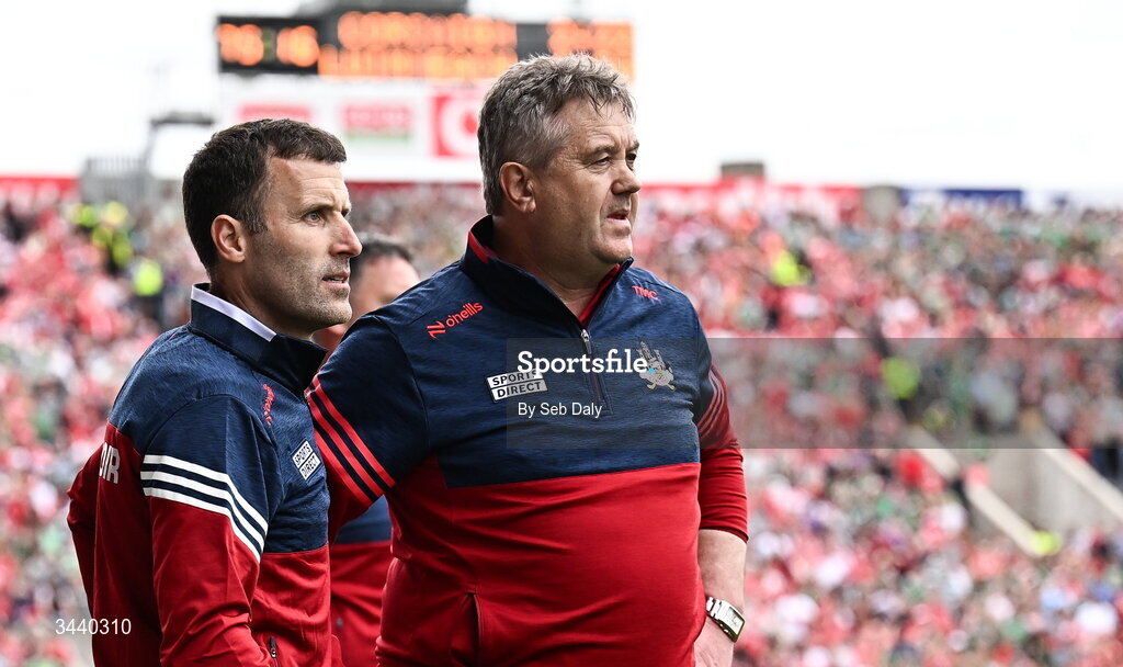 26 April 2026; Cork manager Ben O'Connor, left, and selector Tim McCarthy during the Munster GAA Senior Hurling Championship Round 2 match between Cork and Limerick at SuperValu Páirc Uí Chaoimh in Cork. Photo by Seb Daly/Sportsfile
