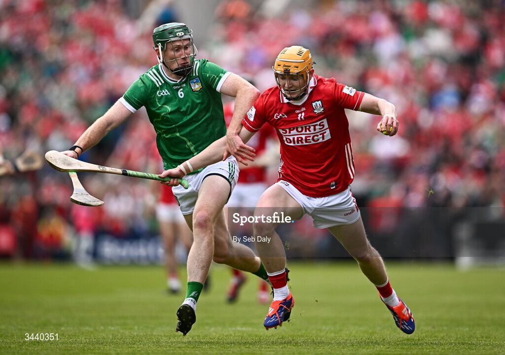 26 April 2026; Shane Barrett of Cork in action against William O'Donoghue of Limerick during the Munster GAA Senior Hurling Championship Round 2 match between Cork and Limerick at SuperValu Páirc Uí Chaoimh in Cork. Photo by Seb Daly/Sportsfile