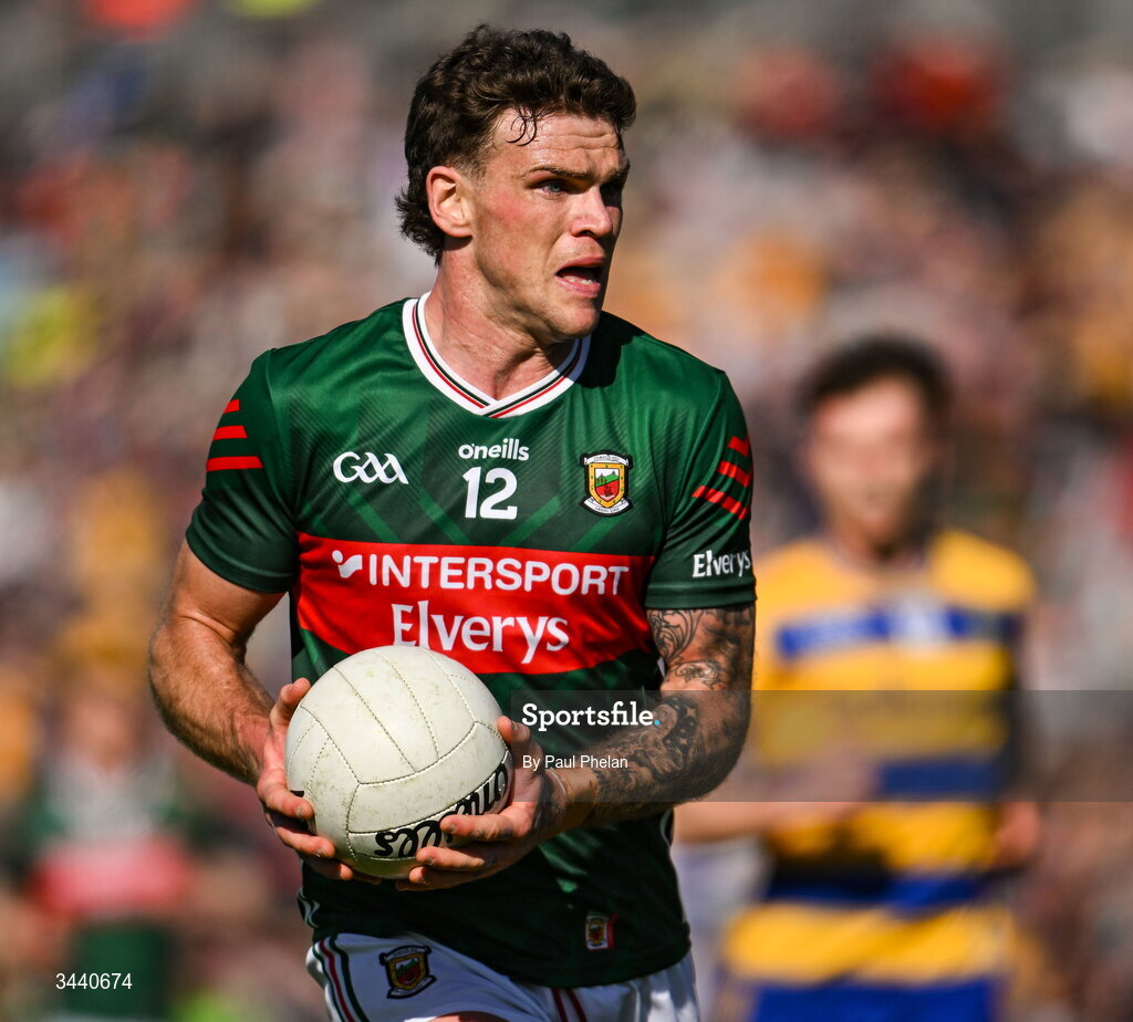 26 April 2026; Jordan Flynn of Mayo during the Connacht GAA Football Senior Championship semi-final match between Mayo and Roscommon at Hastings Insurance MacHale Park in Castlebar, Mayo. Photo by Paul Phelan/Sportsfile