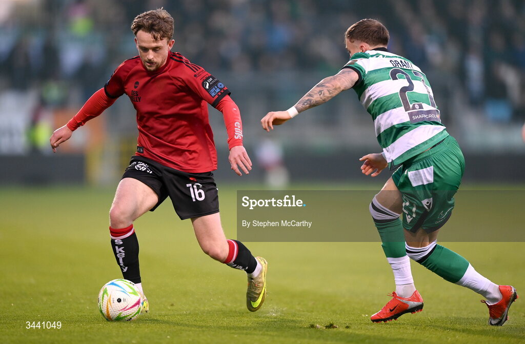 17 April 2026; Darragh Power of Bohemians in action against Danny Grant of Shamrock Rovers during the SSE Airtricity Men's Premier Division match between Shamrock Rovers and Bohemians at Tallaght Stadium in Dublin. Photo by Stephen McCarthy/Sportsfile