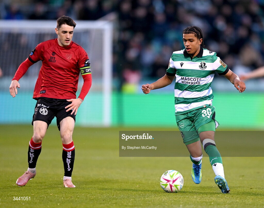 17 April 2026; Victor Ozhianvuna of Shamrock Rovers in action against Dawson Devoy of Bohemians during the SSE Airtricity Men's Premier Division match between Shamrock Rovers and Bohemians at Tallaght Stadium in Dublin. Photo by Stephen McCarthy/Sportsfile