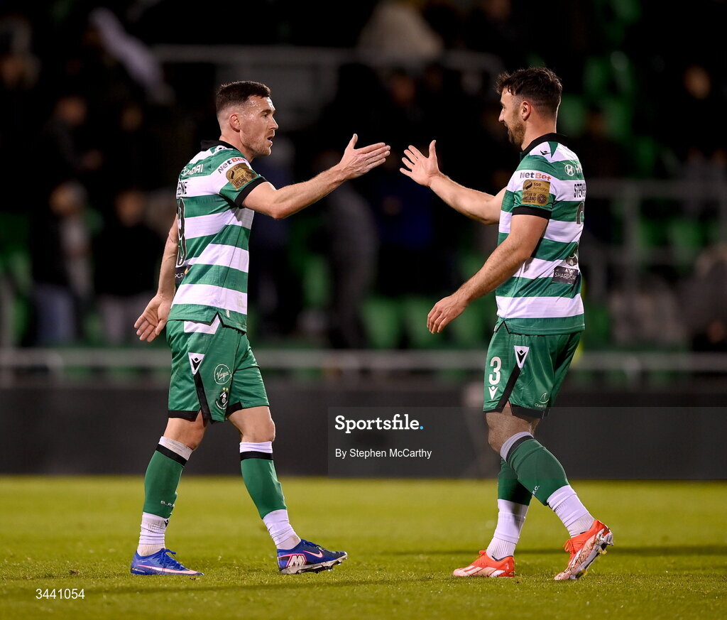 17 April 2026; Aaron Greene, left, and Enda Stevens of Shamrock Rovers after the SSE Airtricity Men's Premier Division match between Shamrock Rovers and Bohemians at Tallaght Stadium in Dublin. Photo by Stephen McCarthy/Sportsfile