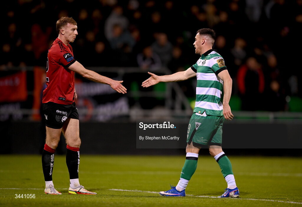 17 April 2026; Sam Todd of Bohemians and Aaron Greene of Shamrock Rovers shake hands after the SSE Airtricity Men's Premier Division match between Shamrock Rovers and Bohemians at Tallaght Stadium in Dublin. Photo by Stephen McCarthy/Sportsfile