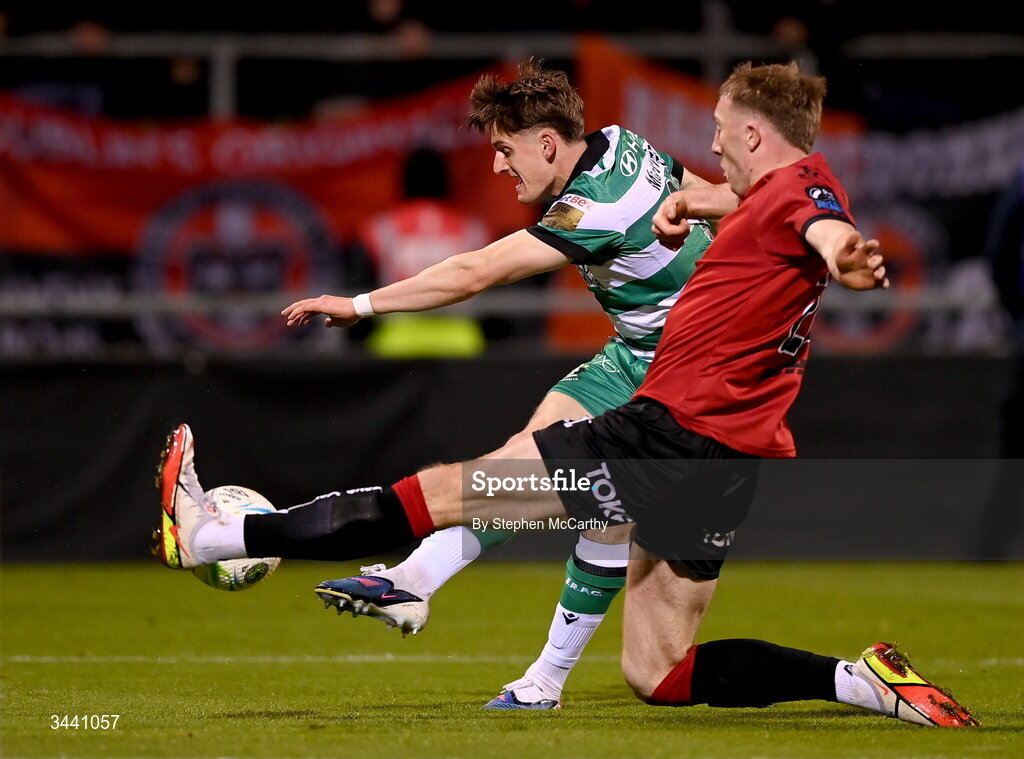 17 April 2026; John McGovern of Shamrock Rovers in action against Sam Todd of Bohemians during the SSE Airtricity Men's Premier Division match between Shamrock Rovers and Bohemians at Tallaght Stadium in Dublin. Photo by Stephen McCarthy/Sportsfile