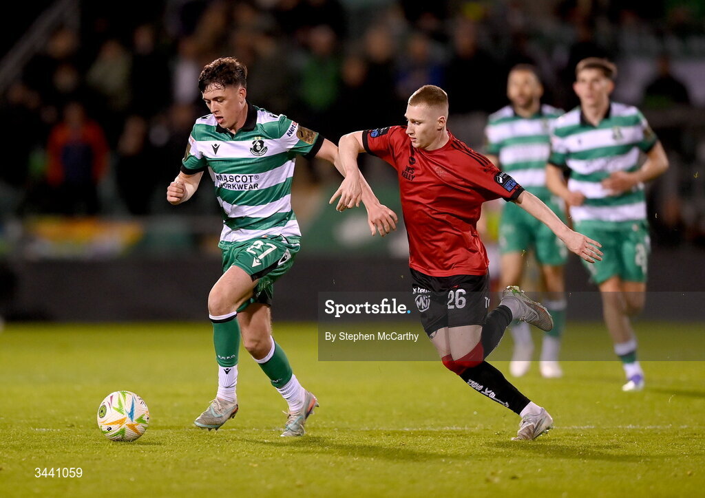17 April 2026; Cory O'Sullivan of Shamrock Rovers in action against Ross Tierney of Bohemians during the SSE Airtricity Men's Premier Division match between Shamrock Rovers and Bohemians at Tallaght Stadium in Dublin. Photo by Stephen McCarthy/Sportsfile