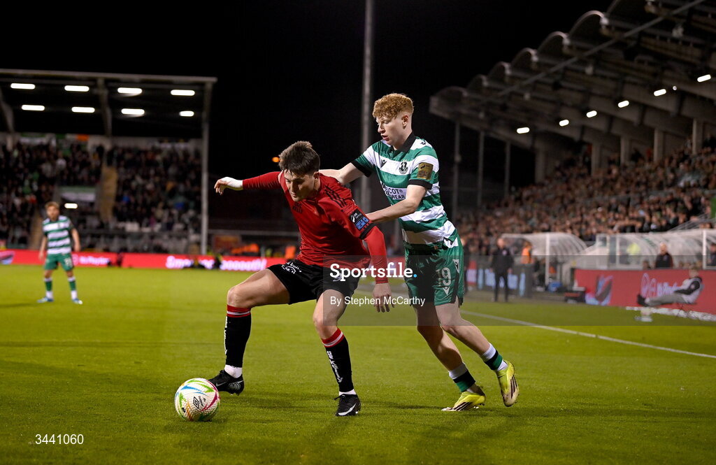 17 April 2026; Colm Whelan of Bohemians is tackled by Adam Brennan of Shamrock Rovers during the SSE Airtricity Men's Premier Division match between Shamrock Rovers and Bohemians at Tallaght Stadium in Dublin. Photo by Stephen McCarthy/Sportsfile