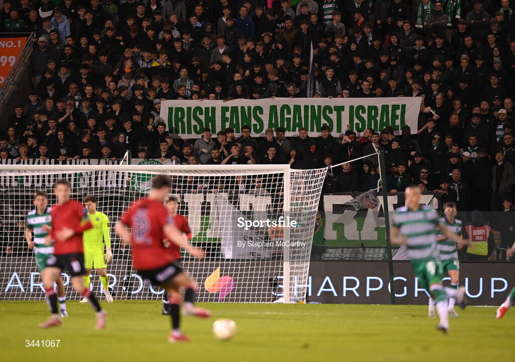17 April 2026; Shamrock Rovers supporters hold up a sign reading "Irish Fans Against Israel" during the SSE Airtricity Men's Premier Division match between Shamrock Rovers and Bohemians at Tallaght Stadium in Dublin. Photo by Stephen McCarthy/Sportsfile