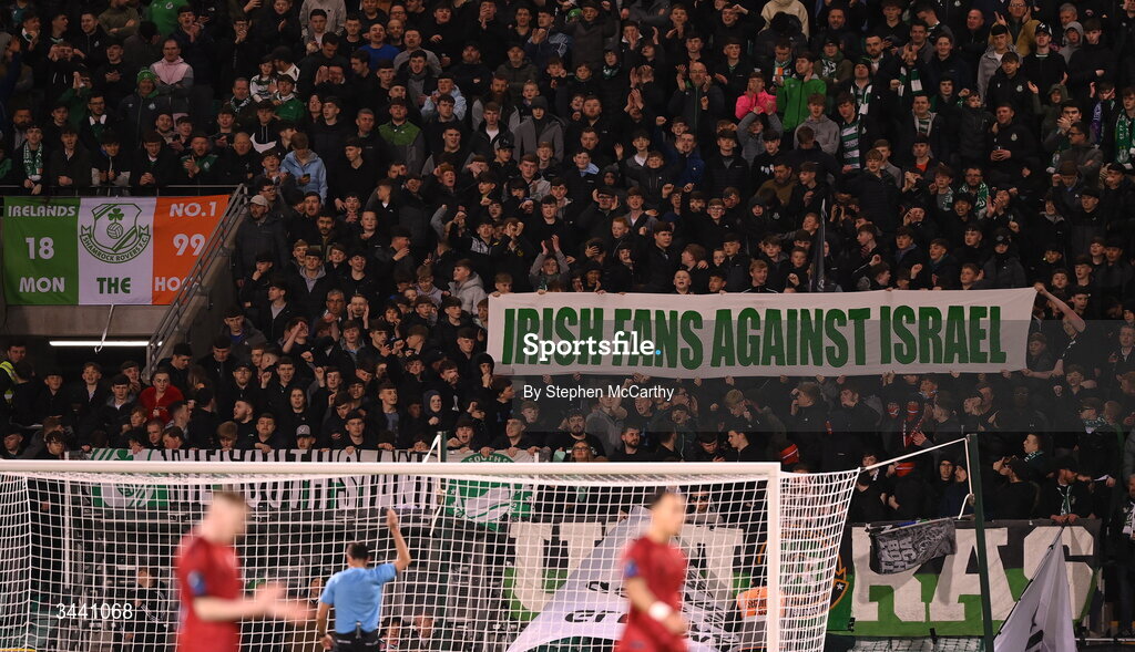 17 April 2026; Shamrock Rovers supporters hold up a sign reading "Irish Fans Against Israel" during the SSE Airtricity Men's Premier Division match between Shamrock Rovers and Bohemians at Tallaght Stadium in Dublin. Photo by Stephen McCarthy/Sportsfile
