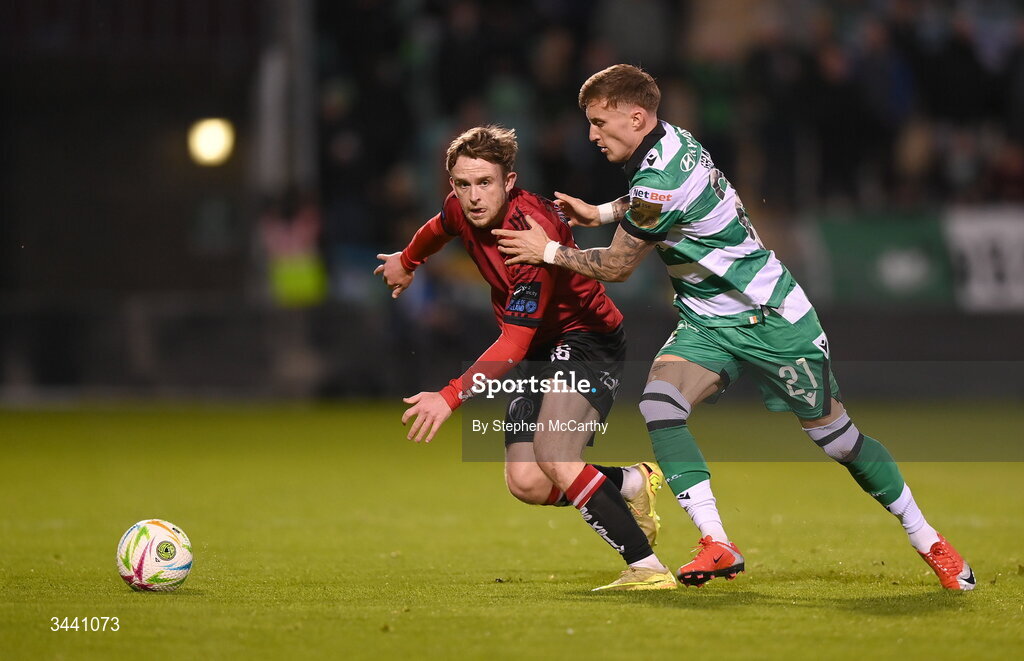 17 April 2026; Darragh Power of Bohemians in action against Danny Grant of Shamrock Rovers during the SSE Airtricity Men's Premier Division match between Shamrock Rovers and Bohemians at Tallaght Stadium in Dublin. Photo by Stephen McCarthy/Sportsfile