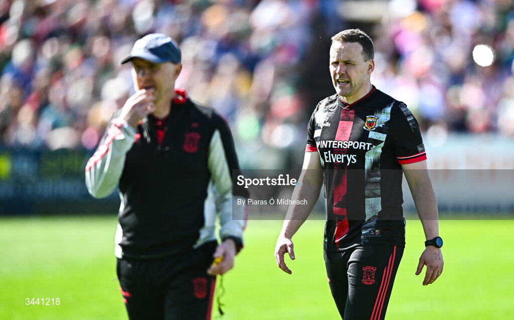 26 April 2026; Mayo manager Andy Moran, right, with Mayo coach Paddy Tally before the Connacht GAA Football Senior Championship semi-final match between Mayo and Roscommon at Hastings Insurance MacHale Park in Castlebar, Mayo. Photo by Piaras Ó Mídheach/Sportsfile