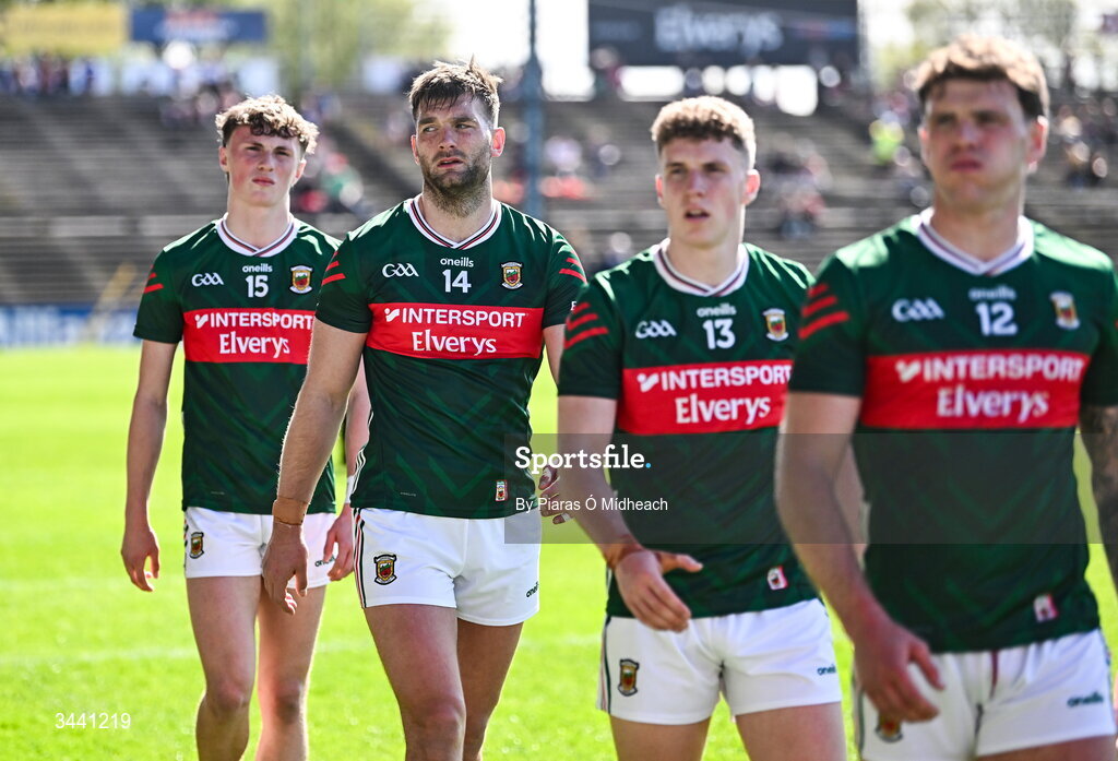 26 April 2026; Mayo players, from left, Kobe McDonald, Aidan O'Shea, Cian McHale and Jordan Flynn in the parade before the Connacht GAA Football Senior Championship semi-final match between Mayo and Roscommon at Hastings Insurance MacHale Park in Castlebar, Mayo. Photo by Piaras Ó Mídheach/Sportsfile