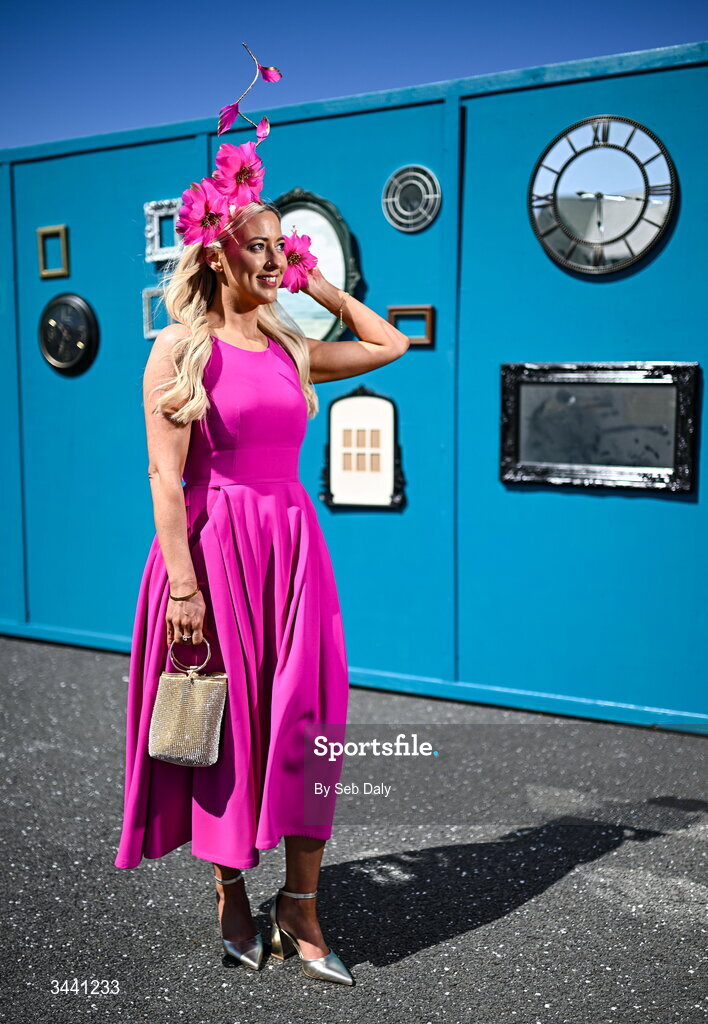 29 April 2026; Racegoer Tracey Carty, from Longford, poses for a portrait ahead of racing on day two of the Punchestown Festival at Punchestown Racecourse in Kildare. Photo by Seb Daly/Sportsfile