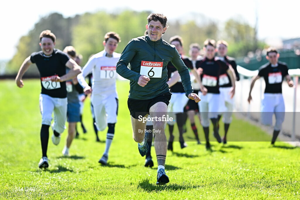 29 April 2026; Jockey Ricky Doyle on his way to winning the Ladbrokes Jockeys' Sprint Race ahead of racing on day two of the Punchestown Festival at Punchestown Racecourse in Kildare. Photo by Seb Daly/Sportsfile
