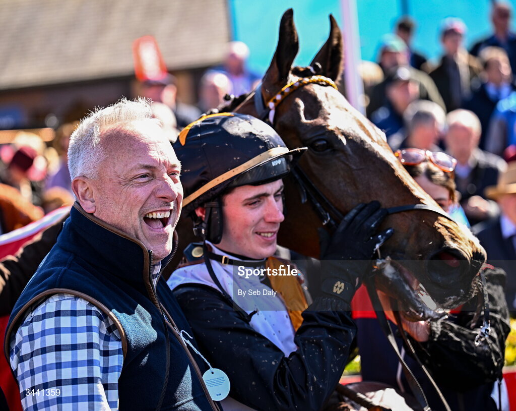 29 April 2026; Winning owner Richard Murphy, of the Lorus Projects Limited syndicate, with jockey Danny Gilligan and Raise You Up after victory in the Connolly's RED MILLS Irish EBF Auction Hurdle Series Final during day two of the Punchestown Festival at Punchestown Racecourse in Kildare. Photo by Seb Daly/Sportsfile