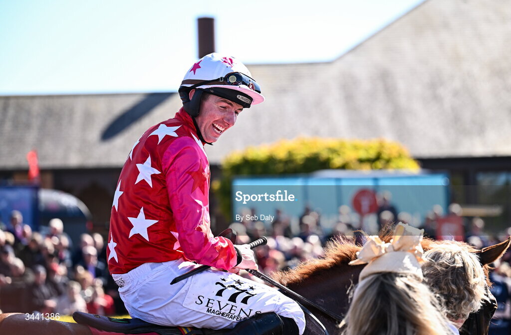 29 April 2026; Jockey Donagh Meyler celebrates on Quinta Do Lago after winning the Louis Fitzgerald Hotel Hurdle during day two of the Punchestown Festival at Punchestown Racecourse in Kildare. Photo by Seb Daly/Sportsfile