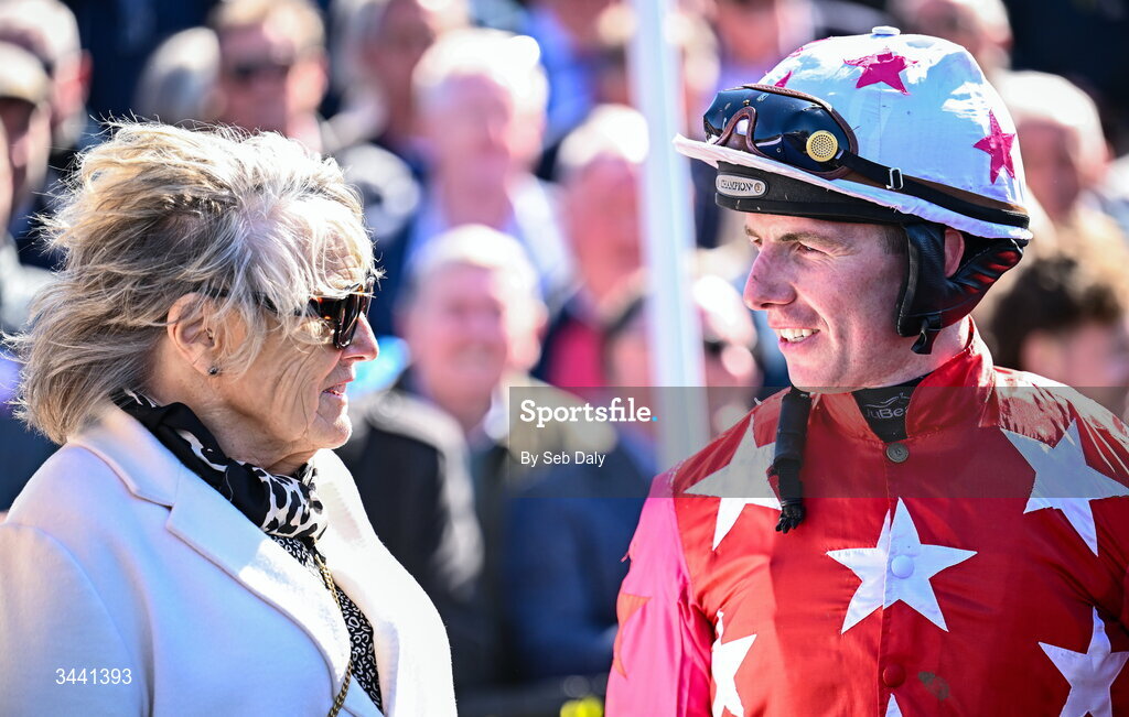 29 April 2026; Trainer Jessica Harrington and jockey Donagh Meyler after Quinta Do Lago won the Louis Fitzgerald Hotel Hurdle during day two of the Punchestown Festival at Punchestown Racecourse in Kildare. Photo by Seb Daly/Sportsfile