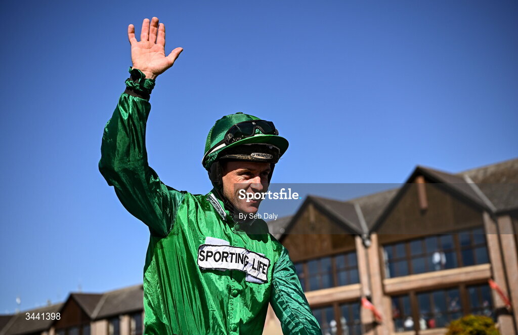 29 April 2026; Jockey JJ Slevin celebrates after winning the Channor Real Estate Group Novice Hurdle on Le Frimeur during day two of the Punchestown Festival at Punchestown Racecourse in Kildare. Photo by Seb Daly/Sportsfile