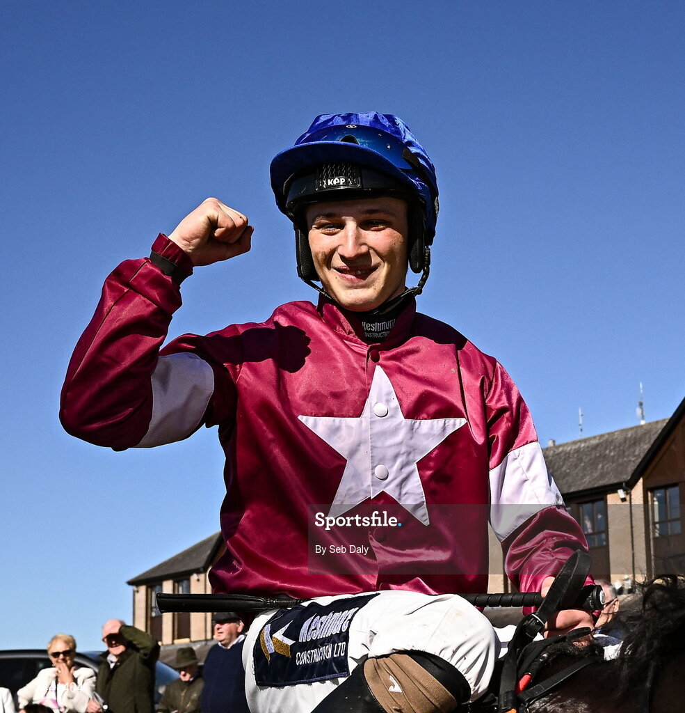 29 April 2026; Jockey Josh Halford celebrates after winning the Race & Stay At Punchestown Champion INH Flat Race on With Nolimit during day two of the Punchestown Festival at Punchestown Racecourse in Kildare. Photo by Seb Daly/Sportsfile