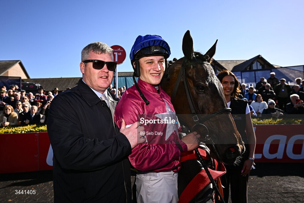 29 April 2026; Trainer Gordon Elliott celebrates with jockey Josh Halford and With Nolimit after victory in the Race & Stay At Punchestown Champion INH Flat Race during day two of the Punchestown Festival at Punchestown Racecourse in Kildare. Photo by Seb Daly/Sportsfile