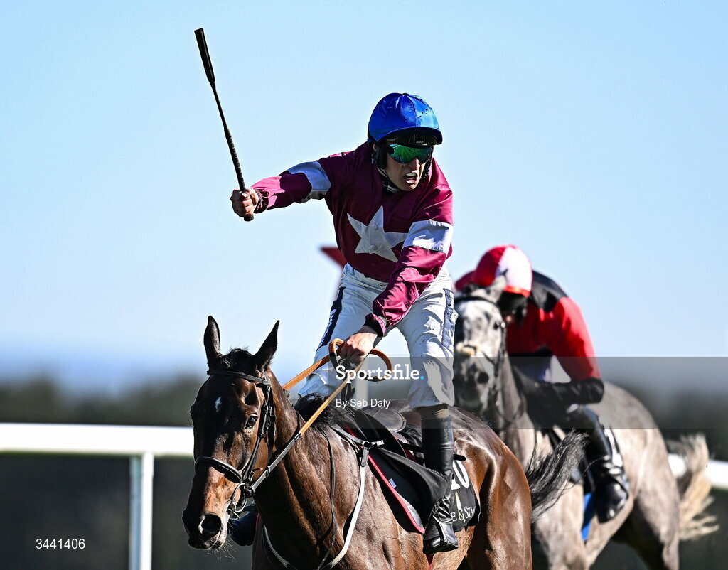 29 April 2026; Jockey Josh Halford celebrates after crossing the line to win the Race & Stay At Punchestown Champion INH Flat Race on With Nolimit during day two of the Punchestown Festival at Punchestown Racecourse in Kildare. Photo by Seb Daly/Sportsfile