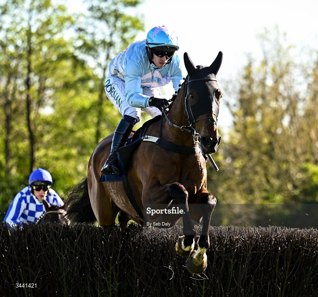 29 April 2026; Nouvotic, with Darragh O'Keeffe up, jump the third on their way to winning the Colm Quinn BMW Handicap Steeplechase during day two of the Punchestown Festival at Punchestown Racecourse in Kildare. Photo by Seb Daly/Sportsfile