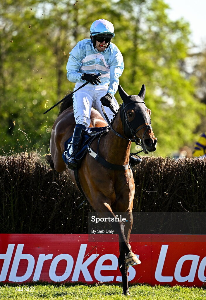 29 April 2026; Nouvotic, with Darragh O'Keeffe up, jump the last on their way to winning the Colm Quinn BMW Handicap Steeplechase during day two of the Punchestown Festival at Punchestown Racecourse in Kildare. Photo by Seb Daly/Sportsfile