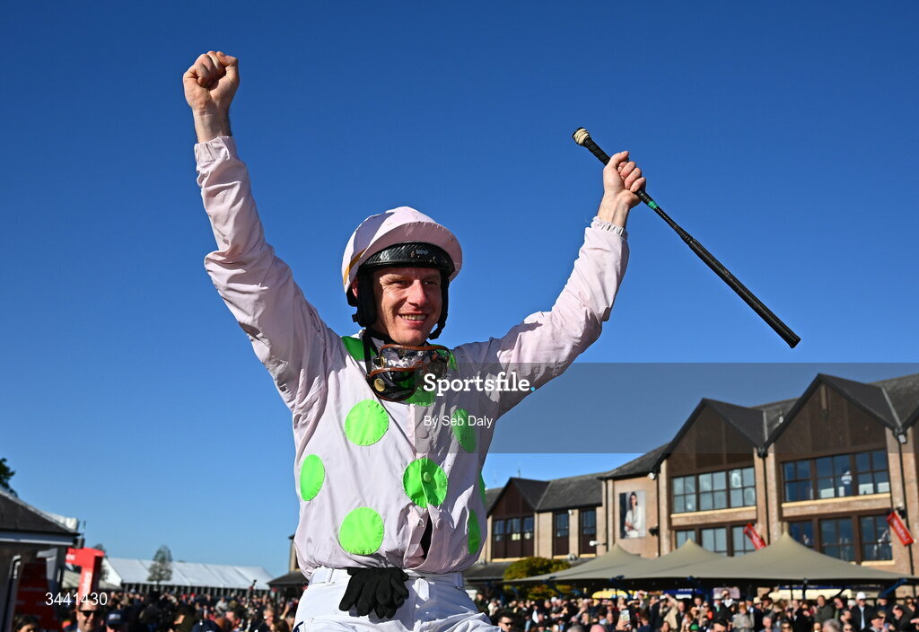 29 April 2026; Jockey Paul Townend celebrates after winning the Ladbrokes Punchestown Gold Cup with Gaelic Warrior during day two of the Punchestown Festival at Punchestown Racecourse in Kildare. Photo by Seb Daly/Sportsfile
