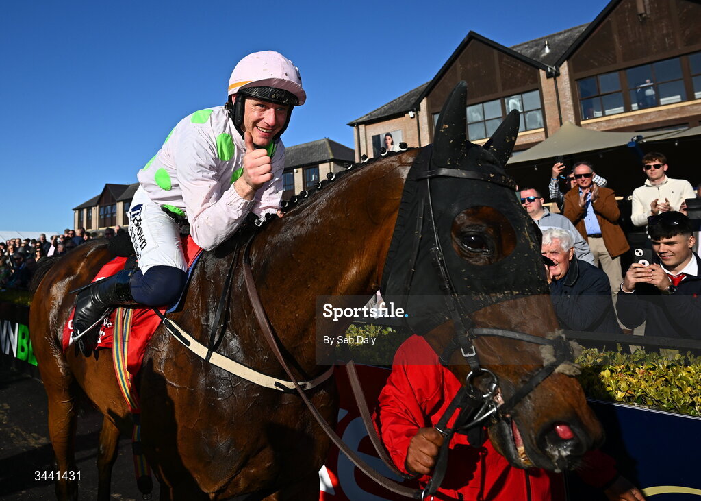 29 April 2026; Jockey Paul Townend celebrates on Gaelic Warrior after winning the Ladbrokes Punchestown Gold Cup during day two of the Punchestown Festival at Punchestown Racecourse in Kildare. Photo by Seb Daly/Sportsfile