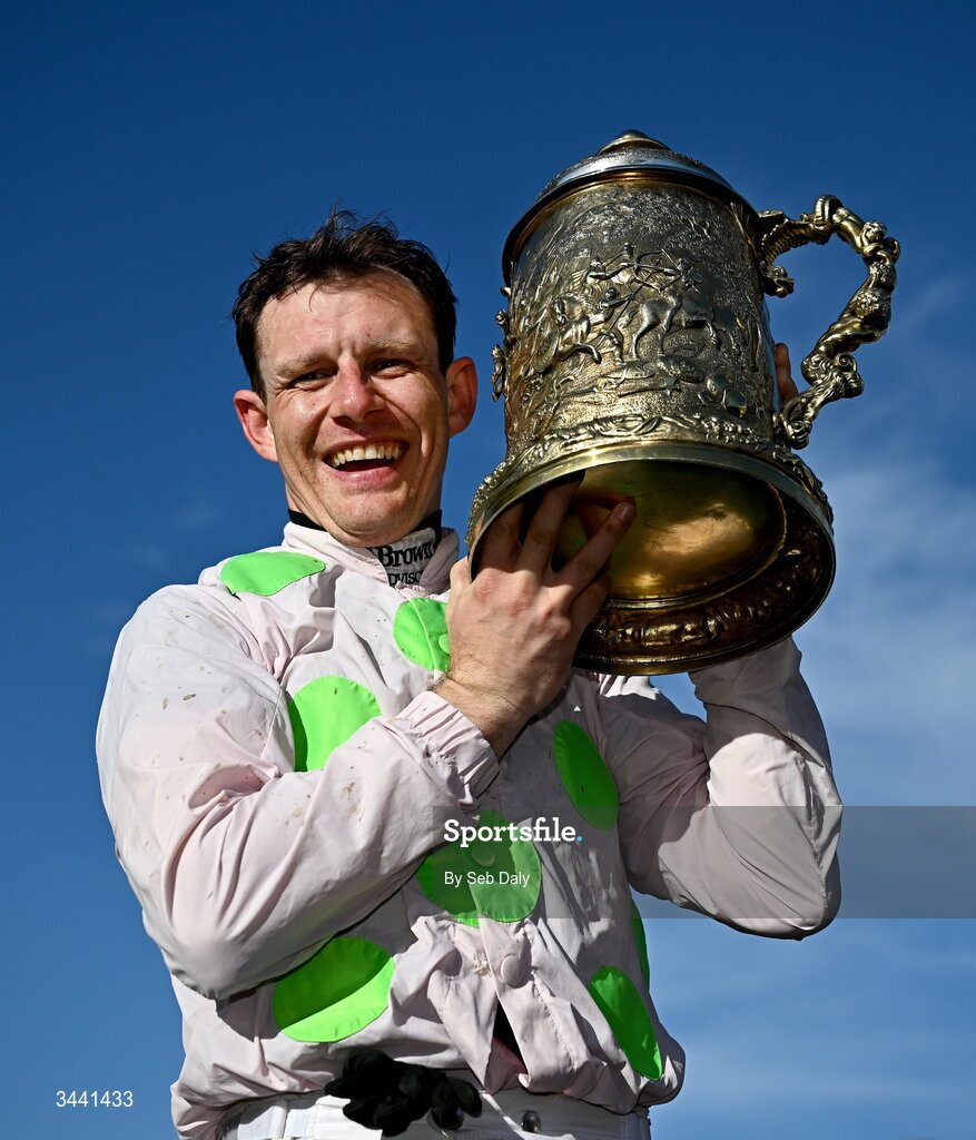 29 April 2026; Jockey Paul Townend celebrates with the Ladbrokes Punchestown Gold Cup after victory on Gaelic Warrior during day two of the Punchestown Festival at Punchestown Racecourse in Kildare. Photo by Seb Daly/Sportsfile