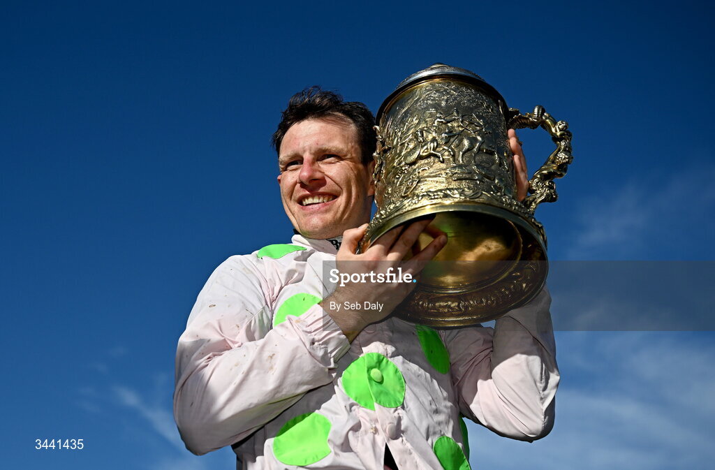 29 April 2026; Jockey Paul Townend celebrates with the Ladbrokes Punchestown Gold Cup after victory on Gaelic Warrior during day two of the Punchestown Festival at Punchestown Racecourse in Kildare. Photo by Seb Daly/Sportsfile