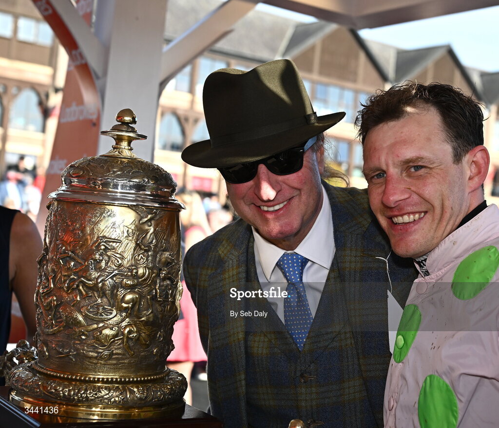 29 April 2026; Owner Rich Ricci celebrates with jockey Paul Townend after winning the Ladbrokes Punchestown Gold Cup with Gaelic Warrior during day two of the Punchestown Festival at Punchestown Racecourse in Kildare. Photo by Seb Daly/Sportsfile